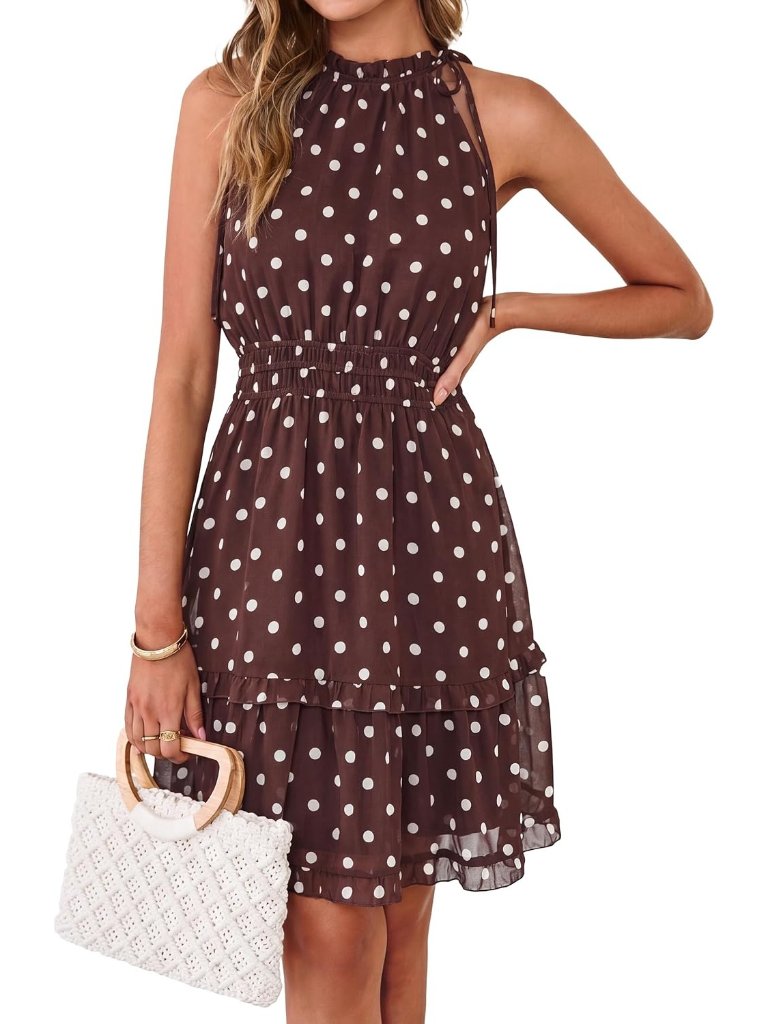 Women's Brown Polka Dot Sleeveless Halter Neck A Line Empire Waist Mini Dress